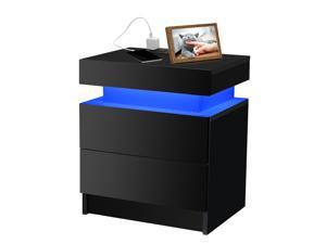 2 Drawer Nightstand, Modern LED RGB Light Bedside Table Cabinet Furniture Side Table End Table Living Room Bedroom Decor, Black