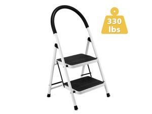 2 Step Ladder, Folding Step Stool with Rubber Wide Anti-Slip Pedal Sturdy Steel Ladder, Steel Ladder Hold Up to 330lbs for Household, Kitchen and Office, Silver (330lbs Capacity)