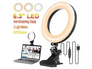 6.3" LED Ring Light, Selfie Lamp with Clamp, Dimmable Desk Makeup Ring Light, Perfect for Live Streaming, YouTube Videos, and Photography, 3 Light Modes and 11 Brightness Levels
