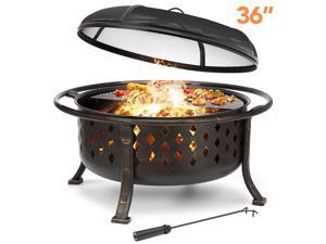 36 inch Fire Pit Outdoor Wood Burning Fire Pits Large Steel BBQ Grill Firepit Bowl for Outside with Cooking Grate Spark Screen, Poker for Patio Backyard Garden Picnic Bonfire, Oil Rubbed Bronze