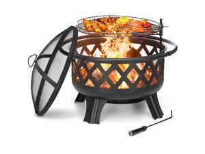 2-in-1 Outdoor Fire Pit with Cooking Grate 30" Heavy Duty Fire Pits Outdoor Wood Burning Steel BBQ Grill Firepit Bowl with Spark Screen Cover Log Grate Fire Poker for Backyard Bonfire Patio