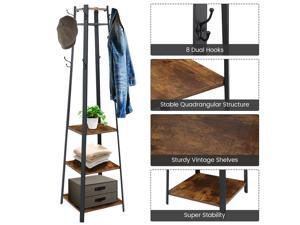 Coat Rack Stand with 3 Shelves Storage for Entryway Hallway 3 in 1 Hall Tree Wood Furniture