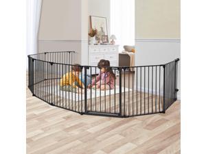 198 inch Dog Gate Extra Wide Tall Pet Gates for Stairs Doorway 3 in 1 Play Yard Long Puppy Fence Foldable 8 Panels, Durable Metal Fireplace Safety Gate, Auto Close, Hardware Mount, 30" Tall