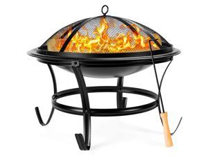22" Fire Pits Outdoor Wood Burning Steel BBQ Grill Firepit Bowl with Mesh Spark Screen Cover Log Grate Wood Fire Poker for Camping Picnic Bonfire Patio Backyard Garden Beaches Park