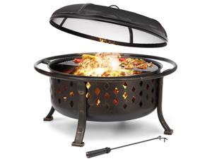 36" Steel Round Outdoor Patio Fire Pit Wood Log Burning Heater Poker, Mesh Cover