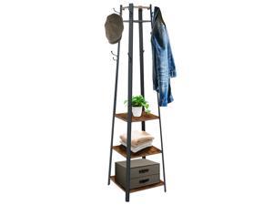 Coat Rack Stand Coat Tree Hall Free Standing with Storage Shelves Wood Cloths Rack