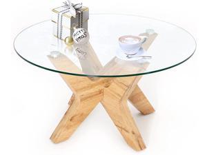 Ivinta Round Glass Coffee Tables for Living Room, 31.5 in Accent Coffee Side Tea Table with Natural Wood Frame