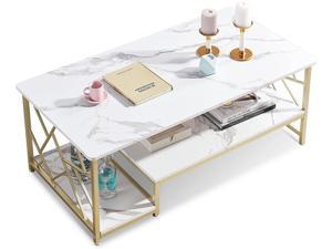Ivinta Marble Gold Coffee Table, Modern Center Cocktail Table with Double Storage Shelf for Living Room