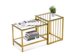 Ivinta Nesting Coffee Table for Living Room, Modern Gold Glass Coffee Table with Shelf, Rectangle Nesting Table Clear, Accent Cocktail Table with Gold Finish Metal Base Set of 2 (Gold or Silver)