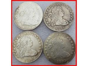 Rare Antique USA United States Full Set 1795-1798 4Pcs Flowing Hair Liberty Silver Color Dollar Coin