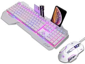 Backlit RGB Keyboard and Mouse Combo, Adjustable Breathing Lamp Wired Gaming Keyboard, Wrist Rest Keyboard 5 Adjustable DPI Gaming Mouse Adjustable Breathing Lamp for Mac, PC, Laptop Gamer (White)