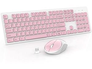 Wireless Keyboard Mouse Combo, 2.4GHz Slim Full-Sized Silent Wireless Keyboard and Mouse Combo with USB Nano Receiver for Laptop, PC (Pink)