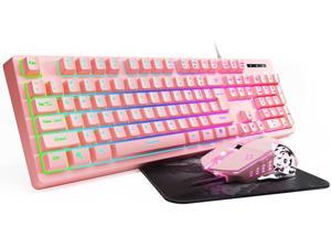 Gaming Keyboard and Mouse Combo Pink, Gaming Keyboard LED Colorful Lights Backlight Wired Pink Keyboard with Multimedia Keys Adjustable Light up Keyboards for Mac/PC/Laptop/Win7/Win8/Win10