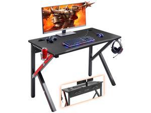Gaming Desk 45.2" W x 23.6" D Home Office Computer Desk, Gamer Workstation with Socket of 3-Outlet & 2 USB Ports, Cup Holder, Headphone Hook and Cable Management (Red)