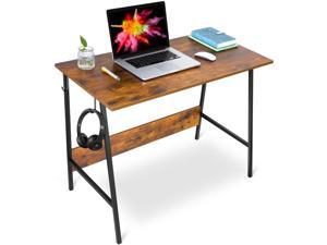 Computer Desk Writing Study Table for Home Office,PC Notebook Writing Table with Stable Trapezoidal Metal Structure Modern Student Desk with Two Hooks,Easy to Install,Rustic Brown
