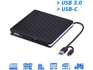 External DVD Drive for Laptop, Portable High-Speed USB-C&USB 3.0 CD Burner/DVD Reader Writer for PC Desktops, Compatible with Windows/Mac OSX/Linux (USB C&3.0)