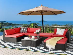 Upgraded Outdoor Furniture Rattan Sectional Patio Sofa, Outdoor Indoor Backyard Porch Garden Poolside Balcony Wicker Conversation Set with Glass Table (7 Pieces, True Red)
