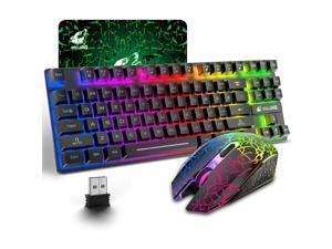Wireless Gaming Keyboard and Mouse Combo with 87 Key Rainbow LED Backlight Rechargeable 3800mAh Battery Mechanical Feel Anti-ghosting Ergonomic Waterproof RGB Mute Mice for Computer PC Gamer Black