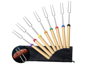 Adoric life Marshmallow Roasting Sticks, 8 Pack Roasting Sticks with Wooden Handle 32 Inch Extendable BBQ Forks Telescoping Smores Sticks for Fire Pit, Campfire