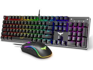 Gaming Keyboard and Mouse Combo Blue Switch 104 Keys Rainbow Backlit Keyboards, 4800 D P I 7 Button Mouse Wired for PC Gamer Computer Laptop (Black)