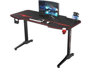 Gaming Desk, 44 Inch Home Office Table, T Shaped Racing Style Computer Workstation with Handle Rack, Headphone Hook, Cup Holder, Carbon Fiber Surface & Comfortable Mouse Mat, Black