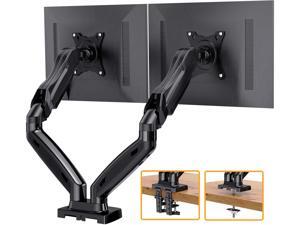 Dual Arm Monitor Desk Mount Stand, Adjustable Gas Spring, Swivel VESA Mount with C Clamp Grommet Mounting For Most 17-27 Inch Flat Curved Computer Screens up to 14.3lbs