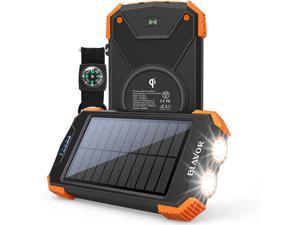 Solar Power Bank, Qi Portable Charger 10,000mAh External Battery Pack Type C Input Port Dual Flashlight, Compass, Solar Panel Charging (Orange)