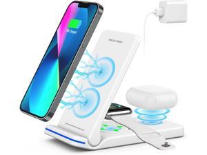 Wireless Charger 3 in 1 Fast Charging Station Folding Wireless Charger Stand for iPhone 14131211ProMaxMiniPlus XXR XSMaxSE 8PlusApple Watch 18Airpods 32Pro with 18W AdapterWhite