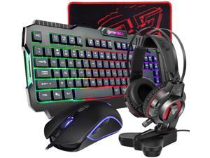 All-in-One PC Gaming Set, Rainbow Backlit 104 Keys Keyboard USB Wired 4800DPI Macro RGB Programmable Mouse 50mm Speaker Driver Stereo Headphone Sturdy Headset Stand Rubber Base Mousepad Combo (P51)