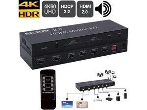 2.0 HDMI Switch Splitter Matrix 4x2 with toslink audio 4K @ 60Hz HDR 4 in 2 out YUV 4:4:4 HDCP 2.2 with EDID&HDMI IR control