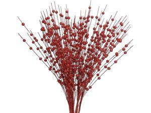 New 90-Pack Artificial Glitter Berry Stem Ornaments, Decorative Bead Sticks, Glittery Twigs, Picks, Branches for Christmas Tree, Small Vase, Holiday, Wedding, Party (11.8 Inches, Red)