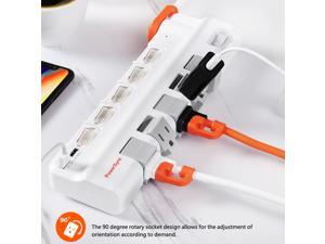 PowerSync Surge Protector Power Strip with 2 USB Port, 5 Rotating-Outlets and 6 Individual Switches, 6ft, White
