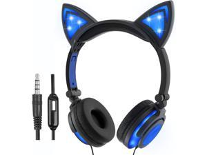 Cat Headphones for Girls Boys Flashing LED Headphones with Microphone On Ear Universal Wired 3.5mm Stereo Headset for Computer Tablet iPad Mobile Phones(Blue)