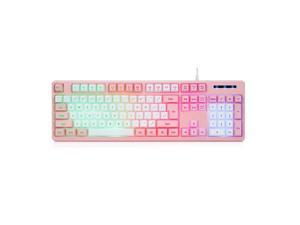 CQ104 Gaming Keyboard USB Wired with Rainbow LED Backlit, Quiet Floating Keys, Mechanical Feeling, Spill Resistant, Ergonomic for Xbox, PS Series, Desktop, Computer, PC(White Pink)