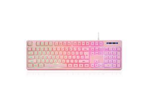 CQ104 Gaming Keyboard USB Wired with Rainbow LED Backlit, Quiet Floating Keys, Mechanical Feeling, Spill Resistant, Ergonomic for Xbox, PS Series, Desktop, Computer, PC(Pink)