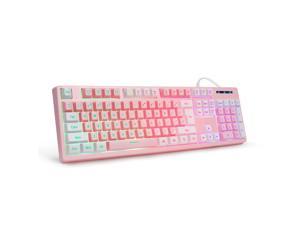 CQ104 Gaming Keyboard USB Wired with Rainbow LED Backlit, Quiet Floating Keys, Mechanical Feeling, Spill Resistant, Ergonomic for Xbox, PS Series, Desktop, Computer, PC(Pink White)
