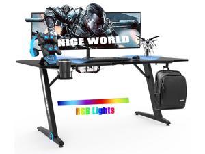 Large Gaming Desk 60" RGB Gmiang Table Z-Shaped Computer Desk Home Office Computer Table with Headphone Holder, Cup Holder, Plug Board holder, Game Handles Holder