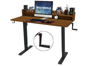 Standing Desk with Hutch, Crank Adjustable Stand Up Desk 47" Gaming Table Height Adjustable Computer Desks Home Office Writing Workstations with Crank and 2 Tiers Shelves - Brown