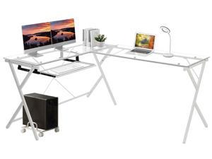 L Shaped Gaming Desk, 63" Computer Desk, Toughened Glass Corner Desk for Office Home Workstation Table with Keyboard Tray and CPU Stand - White