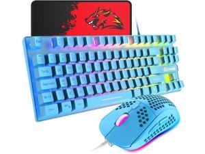 Gaming Keyboard and Mouse Combo,88 Keys Compact Rainbow Backlit Mechanical Feel Keyboard + RGB Backlit 6400 DPI Honeycomb Gaming Mouse + Waterproof Mousepad Set for Windows PC Gamers - Blue