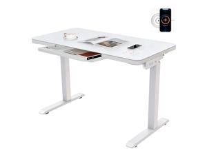 Electric Desk with Wireless Charge, 48" Glass Tabletop Standing Desk, Height Adjustable Stand Up Desk with Power Outlets, Wireless Charging, Control Center - White