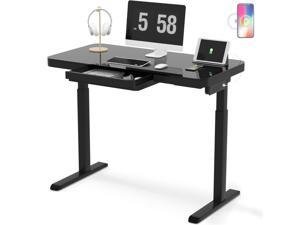 Electric Desk with Wireless Charge, 48" Glass Tabletop Standing Desk, Height Adjustable Stand Up Desk,Home Office Electric Computer Table with Power Outlets, Wireless Charging, Control Center - Black