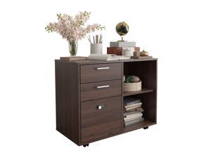 Mobile Lateral File Cabinet with Coded Lock and Wheels, Wooden Filing Cabinet with 3 Drawer and Bookshelf, Under Computer Desk Office Cabinets for Home, Executive, Office - Brown