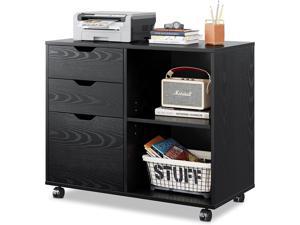 Mobile File Cabinet with 3 Drawer and 2 Open Shelf, Wooden Filing Cabinet with Wheels, Home Office Bookcase Cabinets Under Computer Desk for Letter, A4, Documents - Black