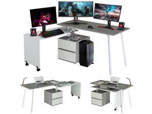 Large Computer Desk with Storage Cabinet, L Shaped Corner Gaming Desk, Rotating Multi-Positional Computer Table Modern Home Office Writing Workstation PC Table, Grey