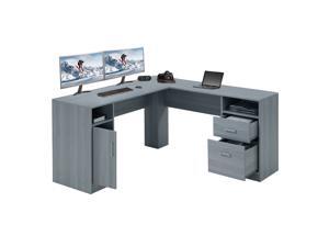 L Shaped Computer Desk with Storage Cabinet, 59 Ergonomic Gaming Desk, Home Office Corner Computer Table, Wooden Writing Workstation PC Table, Separable Single Gaming Table - Grey