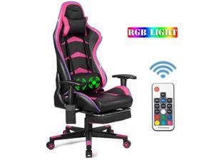 RGB LED Light Strip Gaming Chair with Remote Control, 90°~150° Adjustable High Back Recliner Chair with Massage Lumbar Support and Footrest, Ergonomic eSports Computer Swivel Chair - Pink