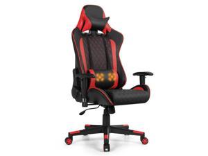 Massage Gaming Chair with Lumbar Support and Headrest, 90°~180° Adjustable High Back Office Recliner Chair, Ergonomic eSports Computer Swivel Chair - Red