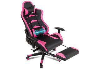 Massage Gaming Chair with Footrest, 90°~180° Adjustable Backrest Recliner Chair, Ergonomic Racing Chair, 360° Swivel Computer Chair  with Headrest and Lumbar Support for Home Office Gamer - Pink