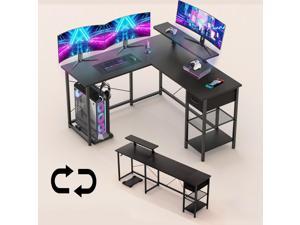 L Shaped Gaming Desk, 85.4" Reversible Corner Computer Desk or 2 Person Long Table for Home Office Large Writing Storage Workstation P2 Board with Monitor Stand, CPU Stand, Hook, Open Shelf - Black